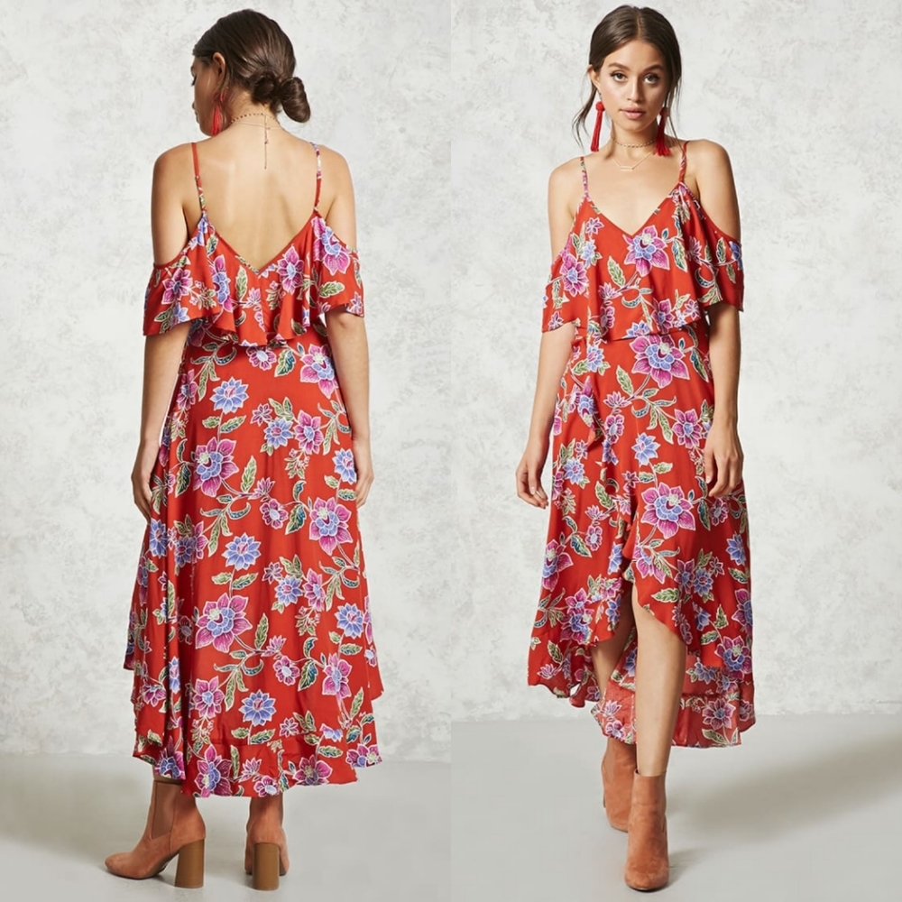 Forever 21 Open-shoulder Flounce Dress